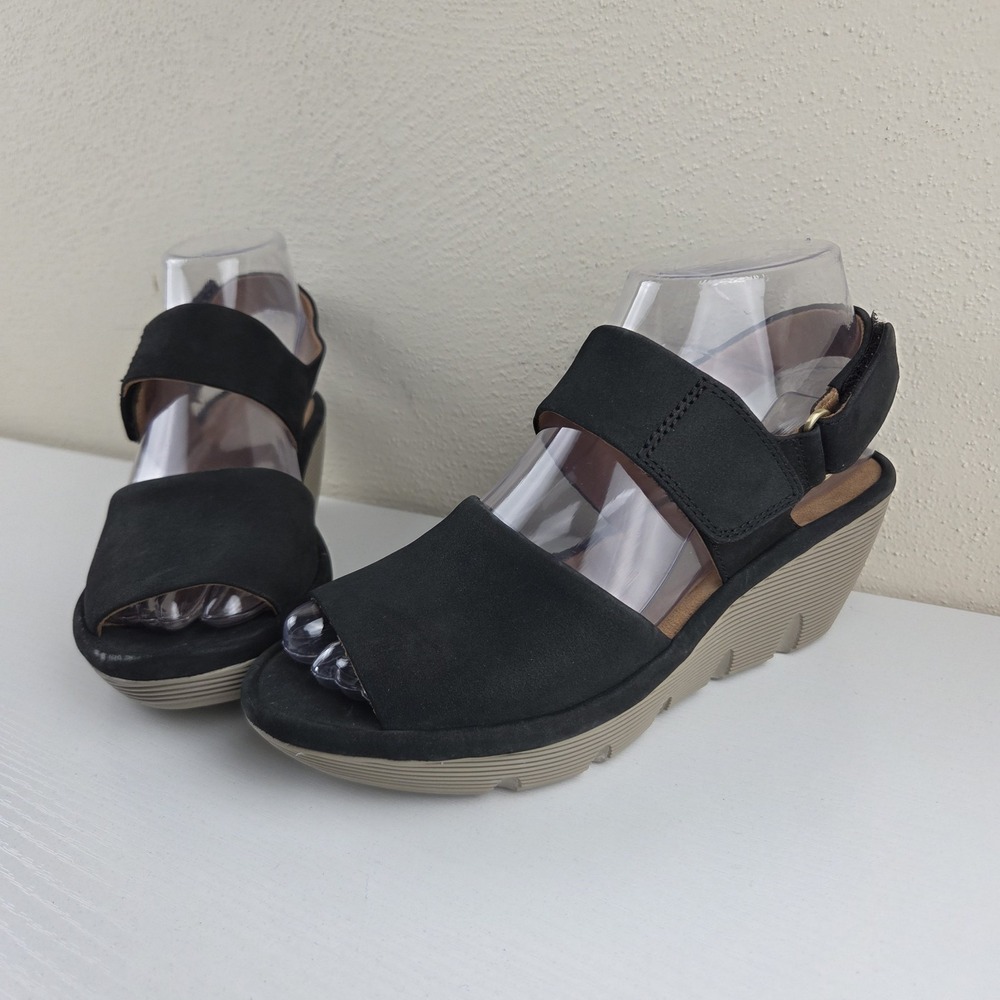 Clarks Artisan Clarene Glamor Black Nubuck Leather Wedge Sandals Women's 5.5 M